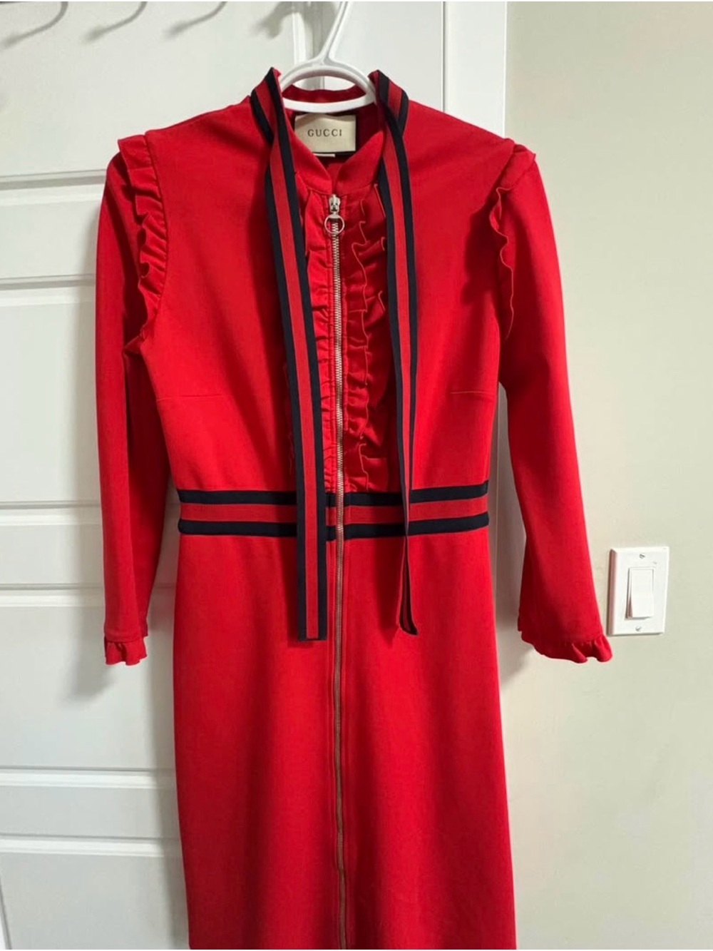 Gucci Red Long Zip Dress Coat with Navy Stripe Ribbon